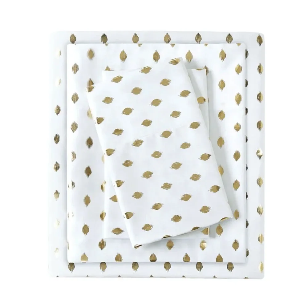 Intelligent Design 4 Pieces Full Sheet Set  White +Gold Washable New